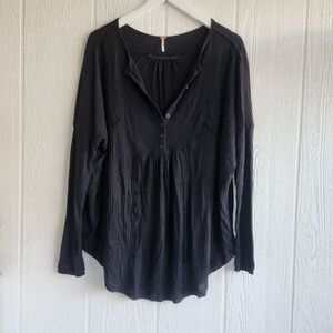 Free People Womens Black Waffle Blouse